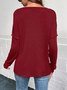 SHEIN LUNE Nút Nửa Dệt kim Waffle Áo thun Thả vai - Màu Đỏ Sâu - Xem 2
