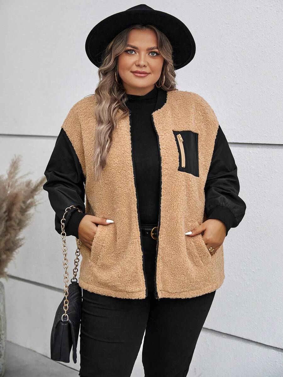 SHEIN Clasi Hơn Khối màu Thả vai Áo Teddy Jackets - Nhiều màu - Xem 1