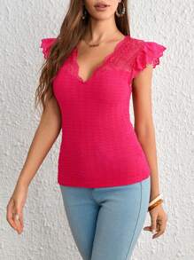 SHEIN VCAY Camiseta con encaje en contraste schiffy ribete con fruncido con textura - Rosa Fucsia - Ver 6