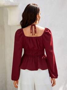 Bohemela Solid Lantern Sleeve Peplum Blouse - Burgundy - View 2