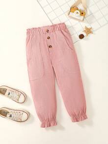 SHEIN 女小童紙袋腰荷葉邊長褲 - 粉色 - 查看 3