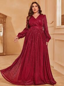 Faeriesty Plus Surplice Neck Lantern Sleeve Sequin Formal Dress - Burgundy - View 3