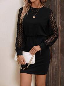 SHEIN LUNE Contrast Lace Lantern Sleeve Bodycon Dress - Black - View 5