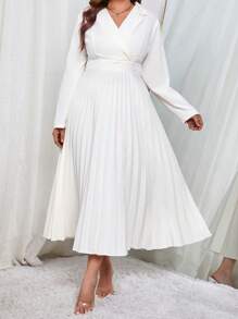 SHEIN Privé Plus Lapel Neck Pleated Hem Dress - White - View 1
