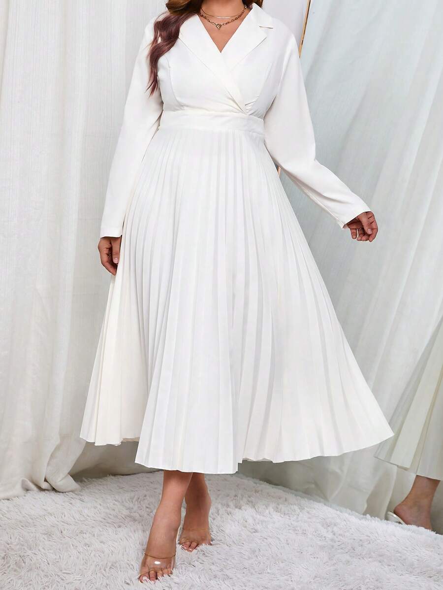 SHEIN Privé Plus Lapel Neck Pleated Hem Dress - White - View 1