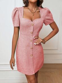 SHEIN Privé Sweetheart Neck Puff Sleeve Button Front Tweed Dress - Pink - View 4