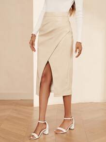 SHEIN Clasi 高腰圍裹下擺PU皮革半身裙 - 杏色 - 查看 6