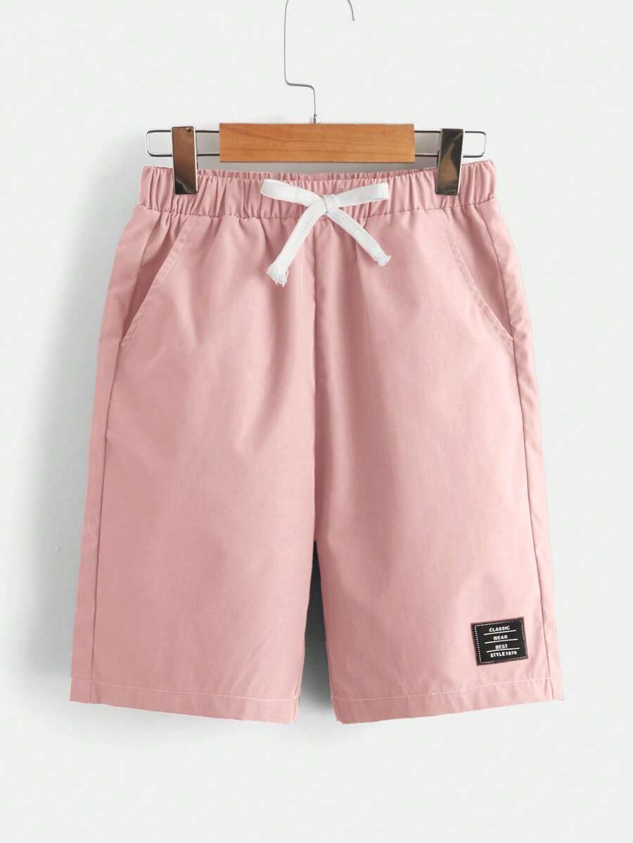 SHEIN Tween Boy Letter Patched Detail Drawstring Waist Shorts - Baby Pink - View 1