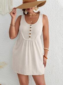 SHEIN VCAY Hơn Dệt kim Waffle Chi tiết Nút Áo ba lỗ - Màu be - Xem 1