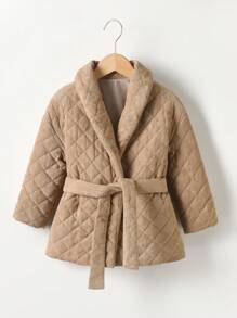 SHEIN Young Girl Solid Belted Quilted Coat - Brown - View 1