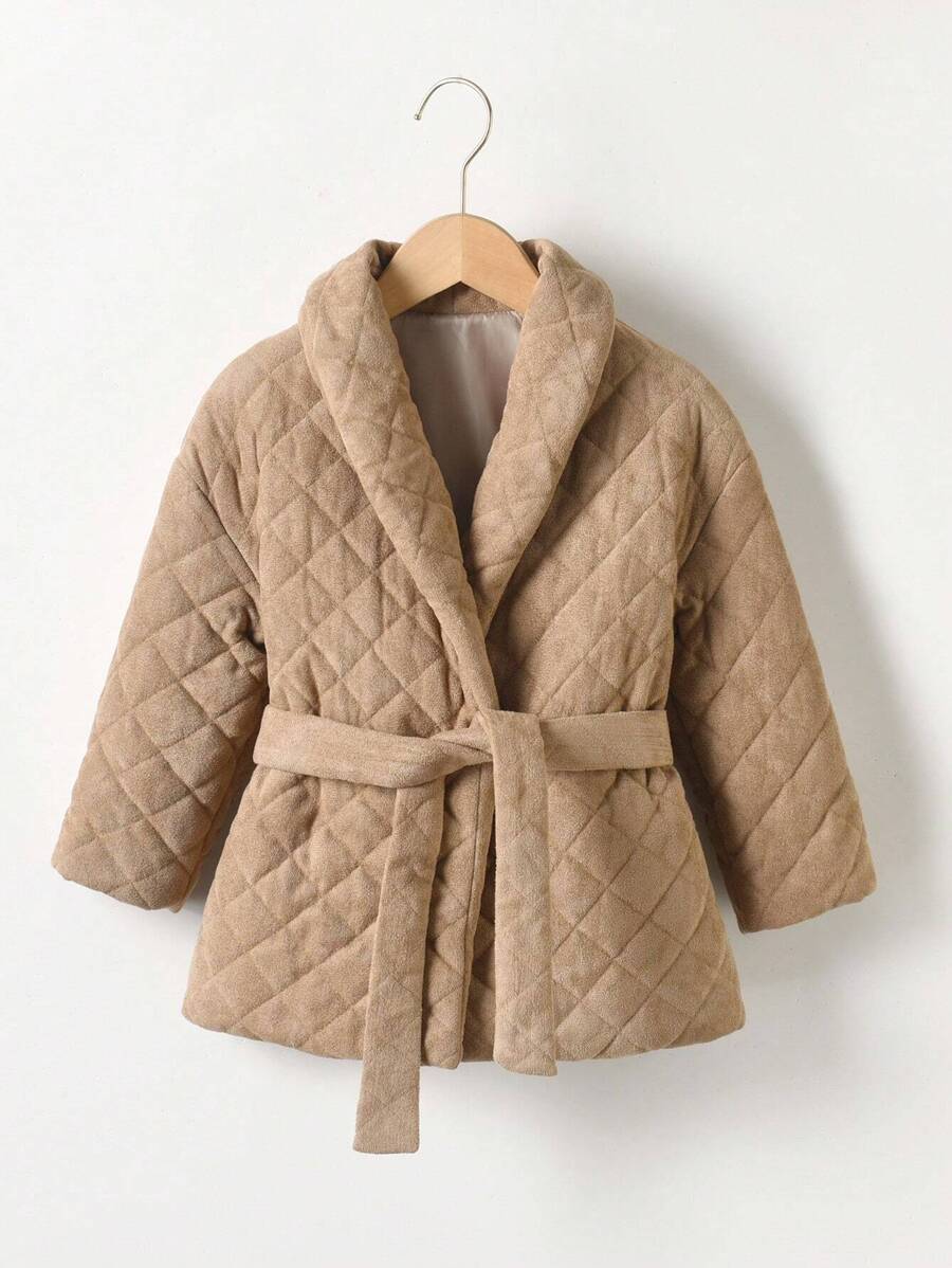 SHEIN Young Girl Solid Belted Quilted Coat - Brown - View 1
