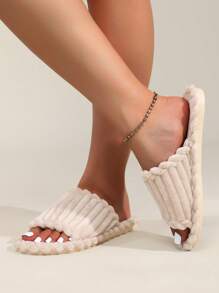 Dép đi trong nhà đế dày ấm áp bằng vải nhung hở mũi cho nữ, đi trong nhà và ngoài trời, giày lười đi trong nhà bằng xốp, mùa thu/đông - Màu be - Xem 3