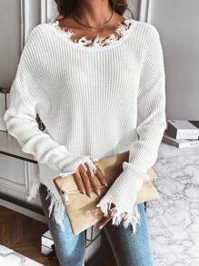 SHEIN Essnce 落肩袖毛邊緣套頭毛衣 - 白色 - 查看 6