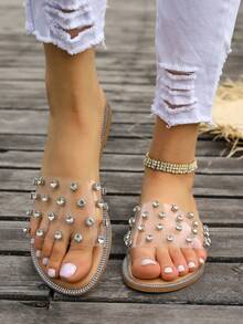 女士流行夏季開放式腳趾涼鞋,具有透氣設計和鑲嵌鑽石裝飾 - 卡其色 - 查看 5