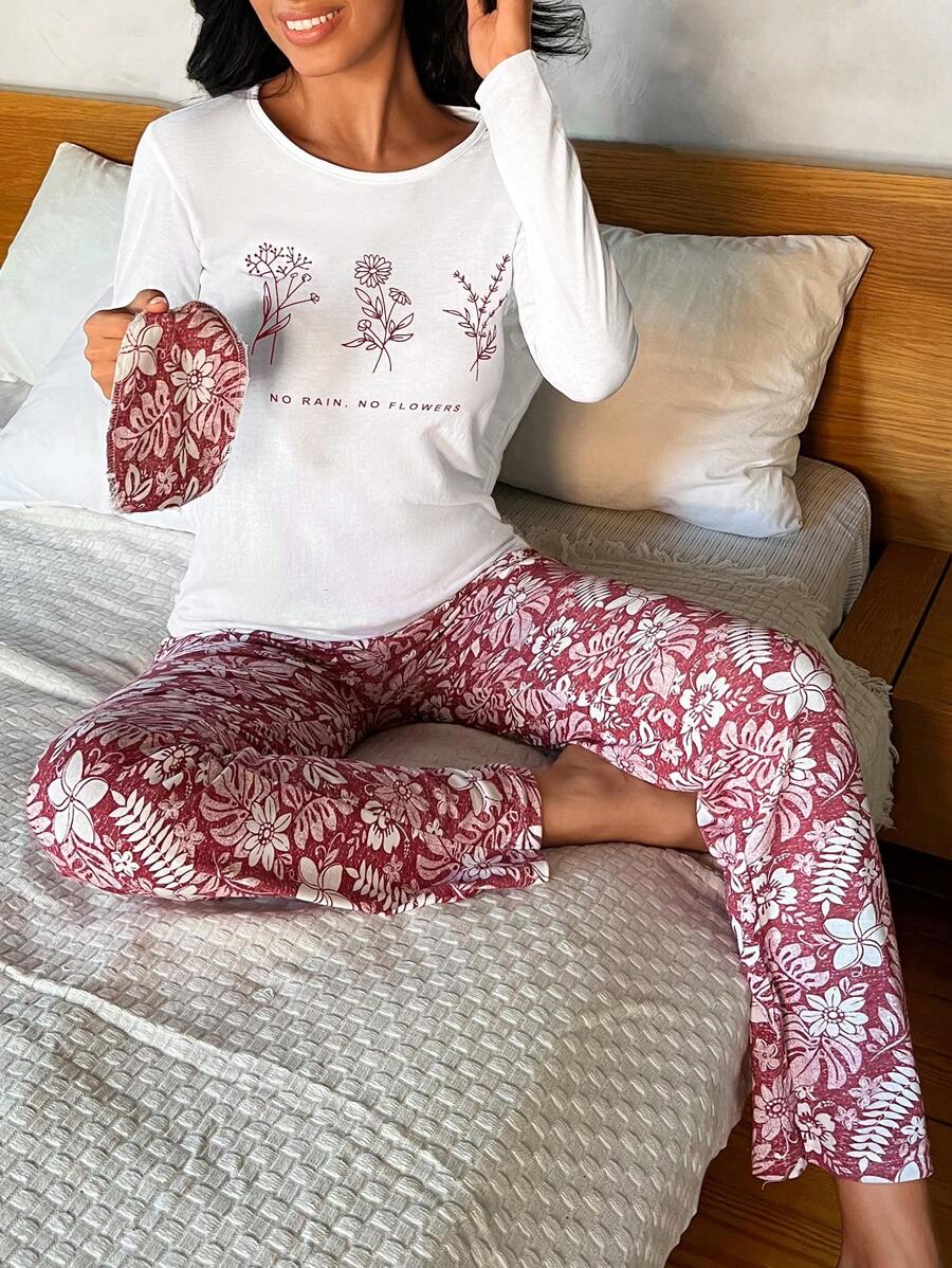 EURMUSE Cotton Floral & Slogan Graphic PJ Set - Red and White - View 1