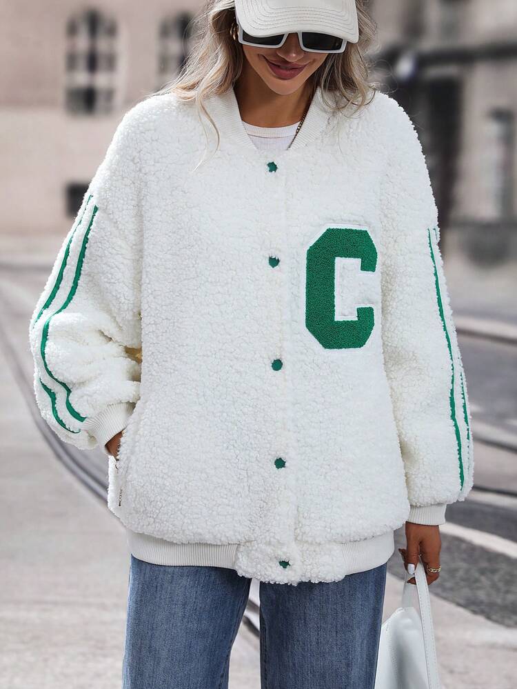 Letter Patched Striped Side Seam Drop Shoulder Teddy Bomber Jacket Fall Cloth For Women