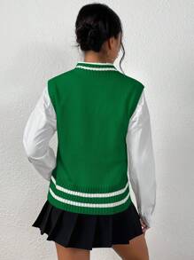 EMERY ROSE Striped Trim Cable Knit Sweater Vest Without Blouse - Green - View 2