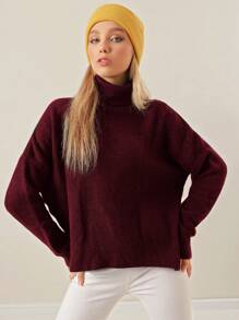 EURMUSE Solid Turtleneck Drop Shoulder Sweater - Burgundy - View 4