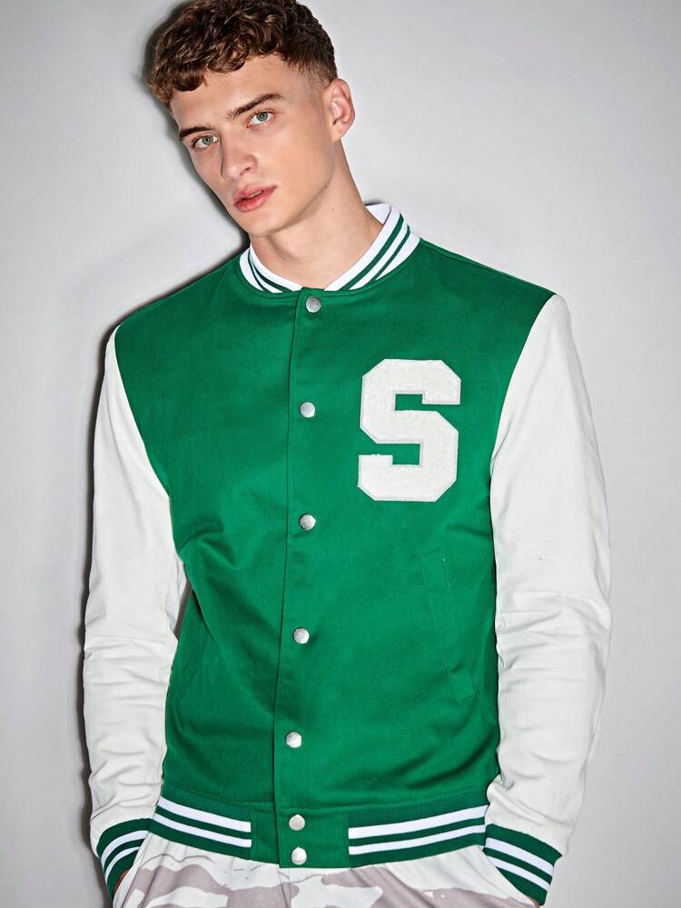 Men Letter Patched Striped Trim Colorblock Varsity Jacket