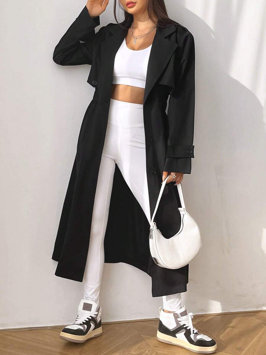 SHEIN EZwear 西裝領腰帶風衣外套 - 黑色 - 查看 1