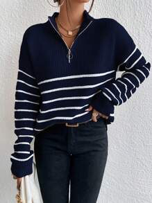 Calvaya Striped Pattern Half Zip Drop Shoulder Jumper - Royal Blue - View 5