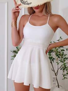 Contrast Mesh Criss Cross Tankini - White - View 1