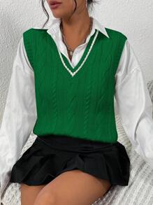 EMERY ROSE Striped Trim Cable Knit Sweater Vest Without Blouse - Green - View 6