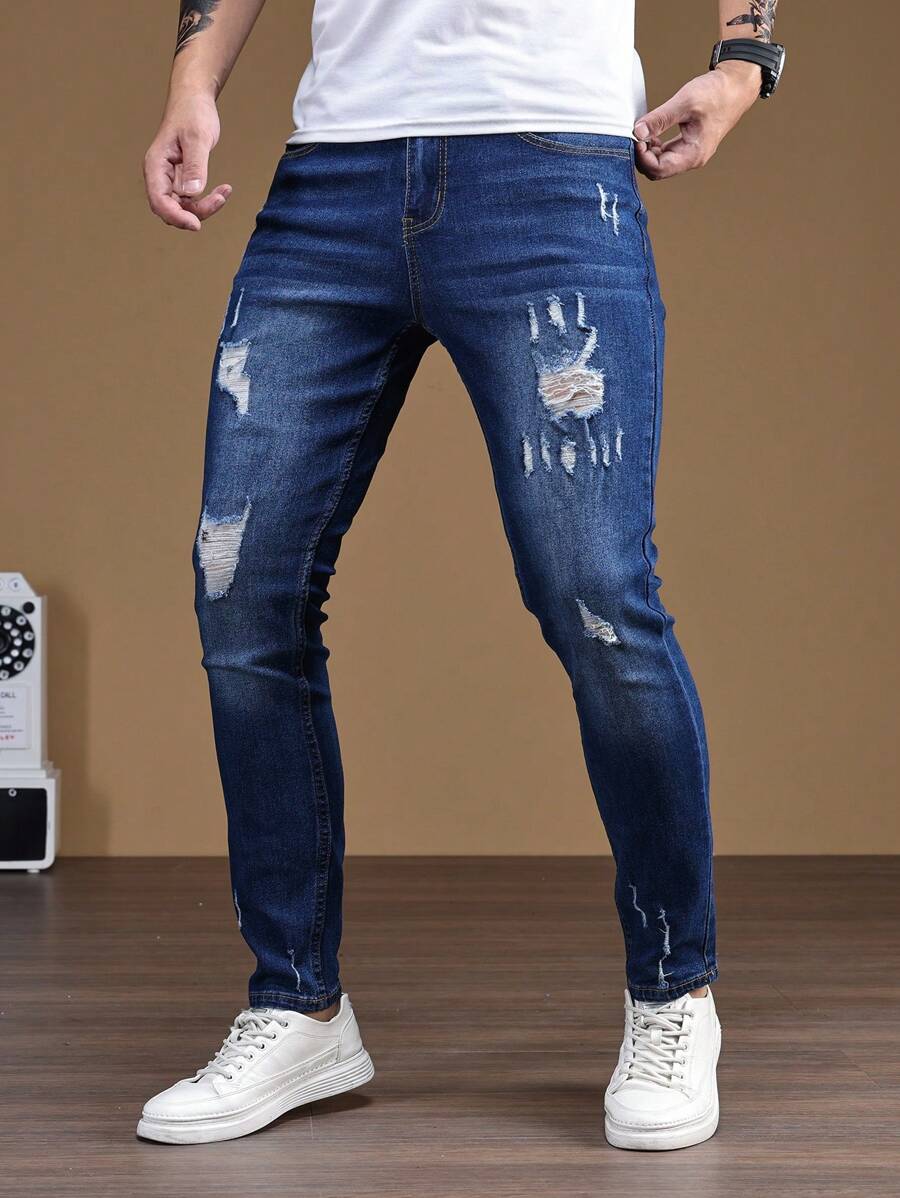 Manfinity Homme Men Ripped Frayed Bleach Wash Skinny Jeans - Dark Wash - View 1