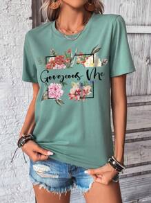 SHEIN LUNE 花卉和字母圖案T恤 - 綠色 - 查看 6