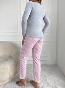 RueChic Conjunto de pijama de Camiseta con estampado de eslogan 100% algodón y Pantalones con estampado de lunares - Gris - Ver 2