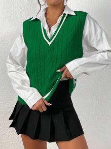 EMERY ROSE Striped Trim Cable Knit Sweater Vest Without Blouse - Green - View 5