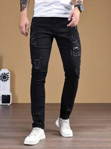 Manfinity Homme Men Ripped Frayed Skinny Jeans, Men Black Jeans, Men Distressed Jeans, Men Skinny Jeans - Black - View 7