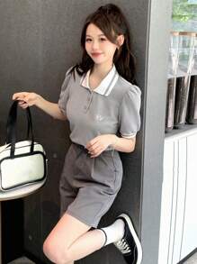 DAZY 拼接領字母刺繡POLO領T恤 - 灰色 - 查看 5