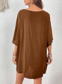SHEIN VCAY Guipure Lace Panel Batwing Sleeve Cover Up Dress - Coffee Brown - View 2