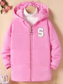 SHEIN Tween Mädchen 1 Stück Gepolsterter Mantel mit Buchstaben-Patch-Detail und Kapuze - Pink - Übersicht 1