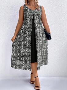 SHEIN LUNE Đầm Maxi In Hoa Toàn Thân Cho Nữ - Đen và trắng - Xem 1