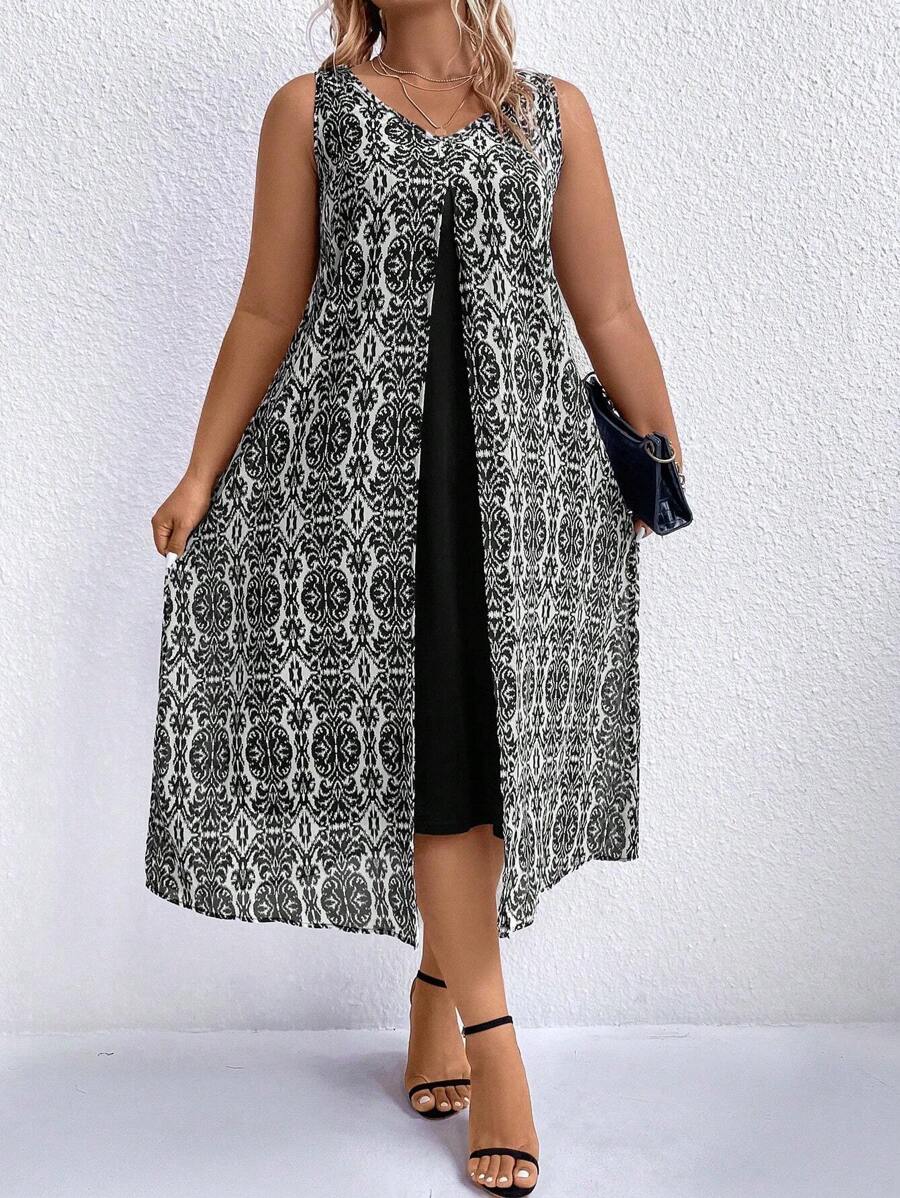 SHEIN LUNE Đầm Maxi In Hoa Toàn Thân Cho Nữ - Đen và trắng - Xem 1