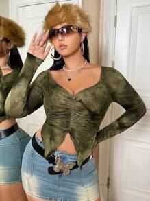 SHEIN ICON Hơn Nhuộm buộc Xù Viền chia cắt Áo thun - Nhiều màu - Xem 4