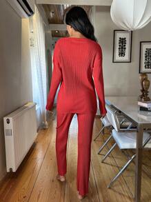 RueChic Letter Graphic Ribbed Knit Lounge Set - Red - View 2