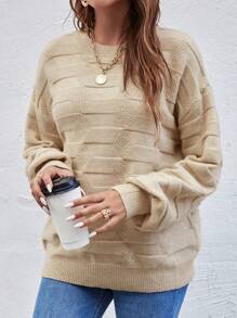 EMERY ROSE 素色落肩袖套頭毛衣 - 卡其色 - 查看 3