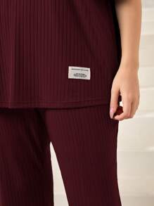 Mulvari Burgundy Red Plus Letter Patched Drop Shoulder Tee & Split Hem Pants 2 Piece Set - Burgundy - View 6