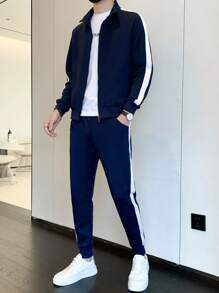 Men Contrast Side Seam Jacket & Sweatpants - Blue - View 1