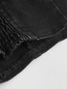 SHEIN MOD Ruffle Trim Zip Up Crop Denim Top - Black - View 4