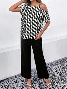 SHEIN Clasi 幾何印花不對稱領上衣和褲子 - 黑色 - 查看 3