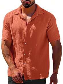 Men Solid Button Up Shirt - Orange - View 2
