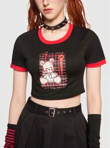 Elena Ilustra 卡通圖案撞色滾邊短款T恤 - 黑色 - 查看 3