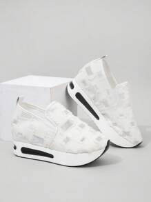 Zapatillas deportivas cuña de mujeres cómodo transpirable sin cordones con grueso suela - Blanco - Ver 4