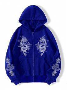 中國龍圖案拉鏈開襟加絨內裏連帽衫