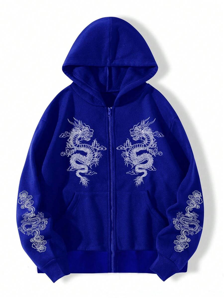 中國龍圖案拉鏈開襟加絨內裏連帽衫