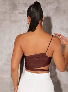 SHEIN BAE 單肩鏤空側收褶短款上衣 - 巧克力棕 - 查看 5